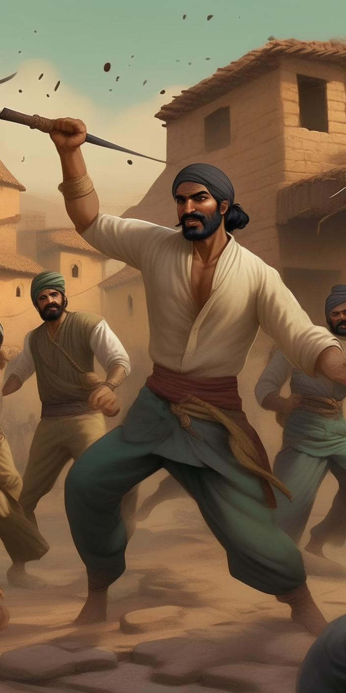 Depict Mustafa engaged in a fierce battle with the gang leader and his cronies, showcasing his remarkable fighting skills and unwavering determination amidst the backdrop of the village.