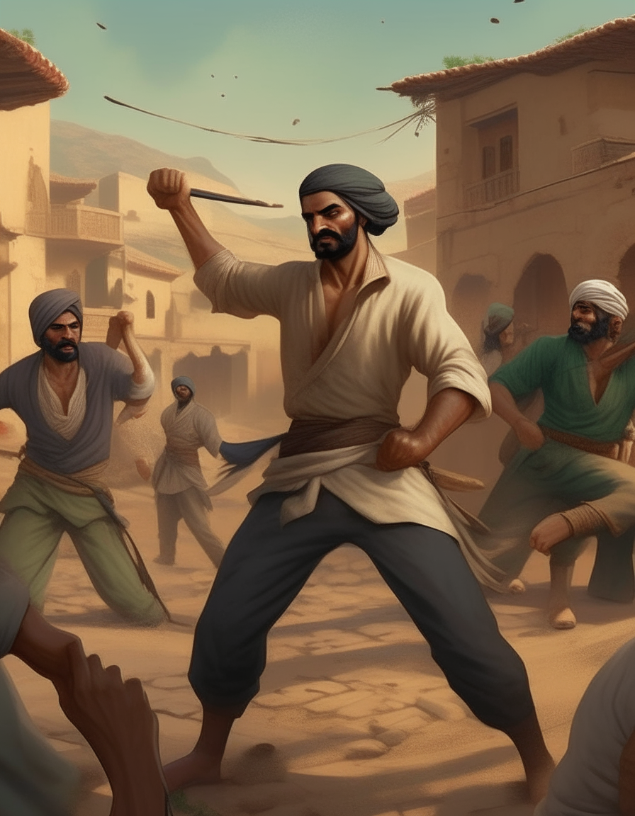 Depict Mustafa engaged in a fierce battle with the gang leader and his cronies, showcasing his remarkable fighting skills and unwavering determination amidst the backdrop of the village.