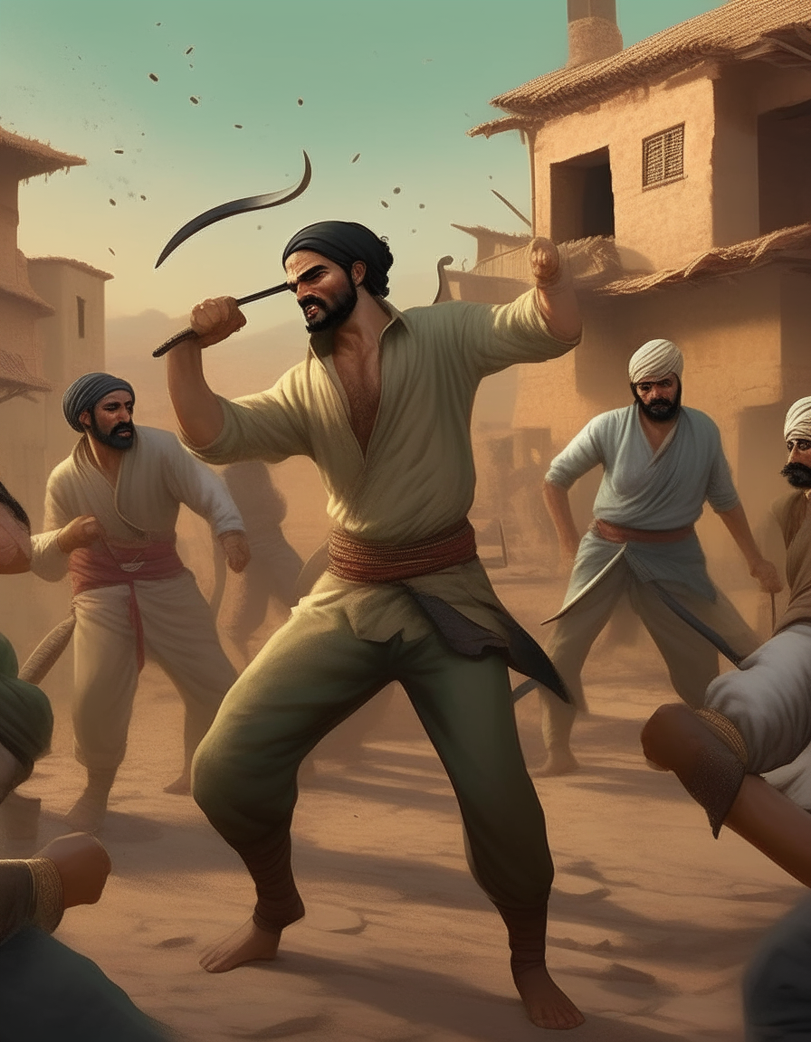 Depict Mustafa engaged in a fierce battle with the gang leader and his cronies, showcasing his remarkable fighting skills and unwavering determination amidst the backdrop of the village.
