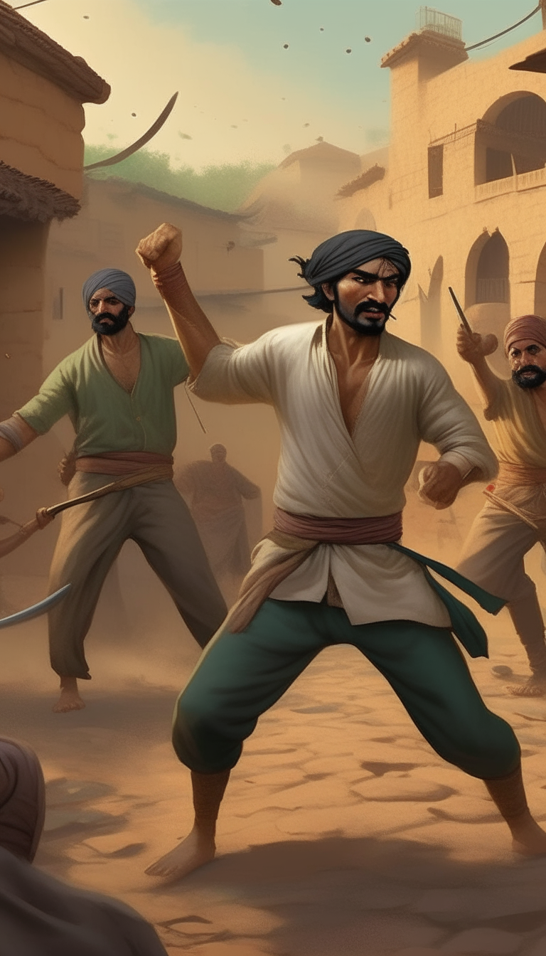 Depict Mustafa engaged in a fierce battle with the gang leader and his cronies, showcasing his remarkable fighting skills and unwavering determination amidst the backdrop of the village.
