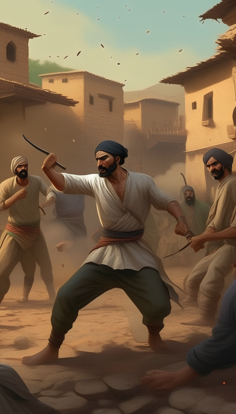 Depict Mustafa engaged in a fierce battle with the gang leader and his cronies from a different angle, showcasing his remarkable fighting skills and unwavering determination amidst the backdrop of the village.
