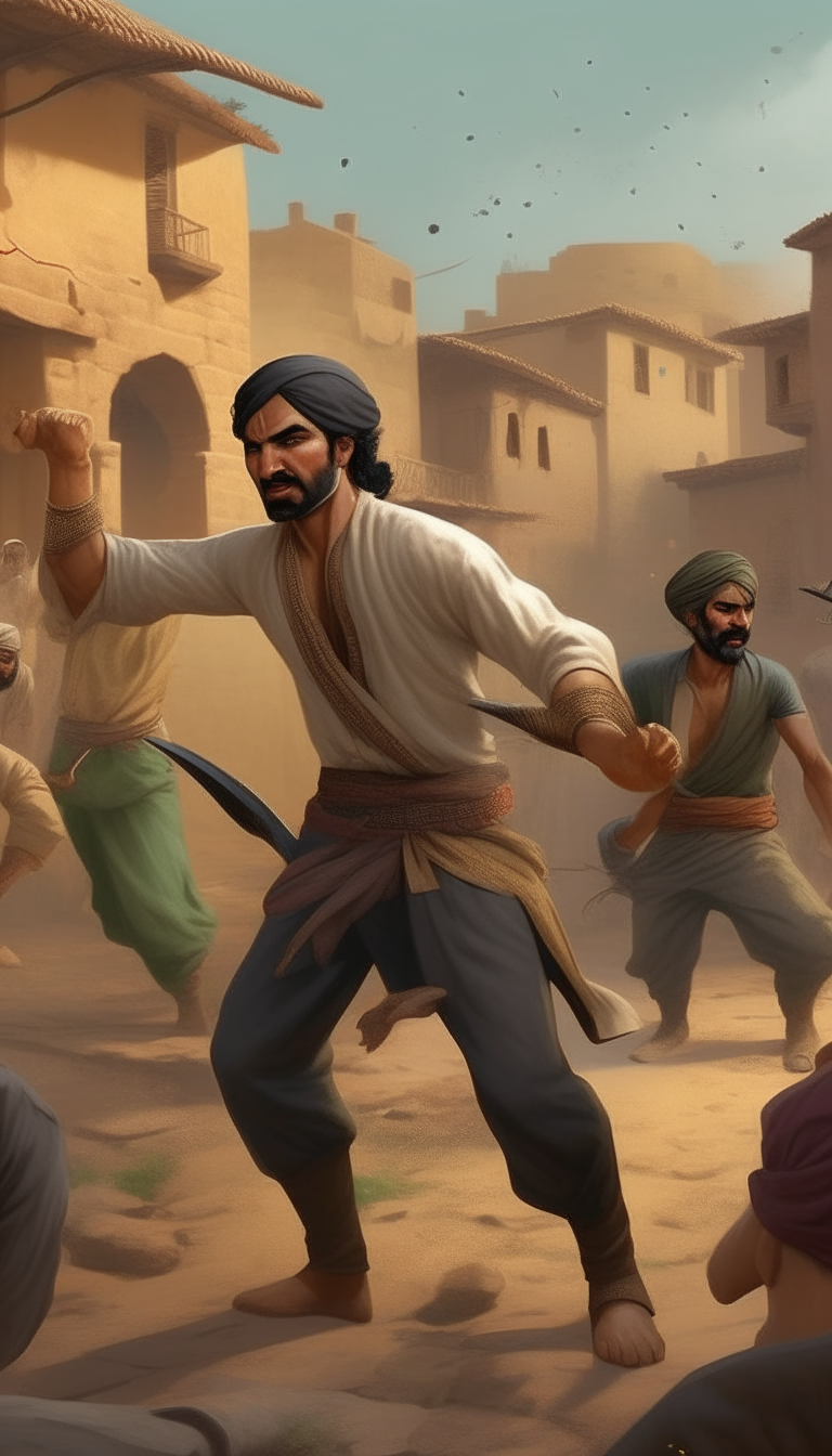 Depict Mustafa engaged in a fierce battle with the gang leader and his cronies, showcasing his remarkable fighting skills and unwavering determination amidst the backdrop of the village.