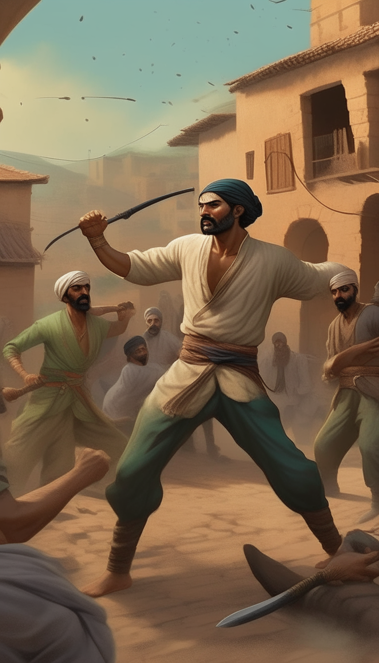 Depict Mustafa engaged in a fierce battle with the gang leader and his cronies, showcasing his remarkable fighting skills and unwavering determination amidst the backdrop of the village.