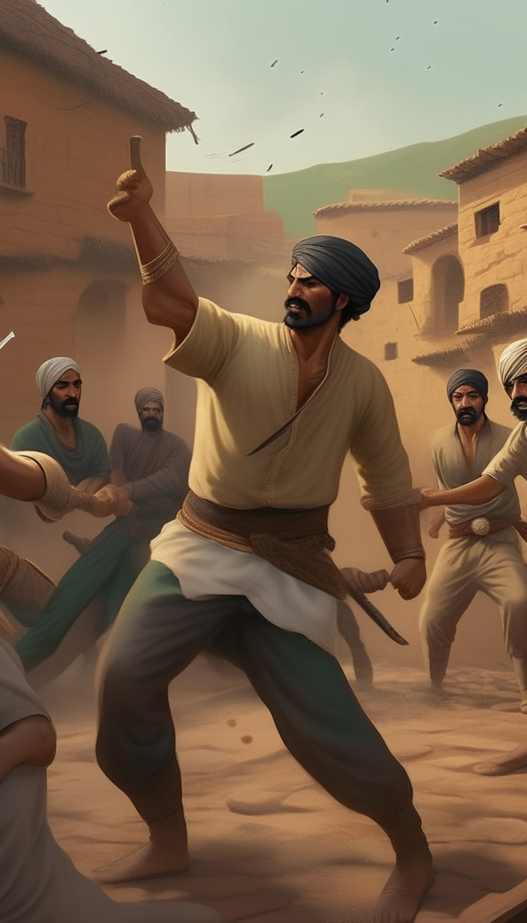 Depict Mustafa engaged in a fierce battle with the gang leader and his cronies from a different angle, showcasing his remarkable fighting skills and unwavering determination amidst the backdrop of the village.