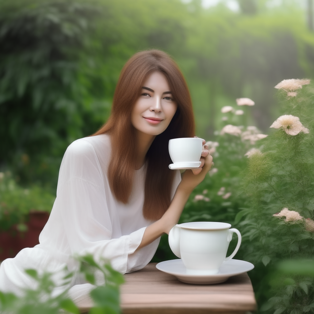 A beautiful women sitting in garden with take a cup organic for health