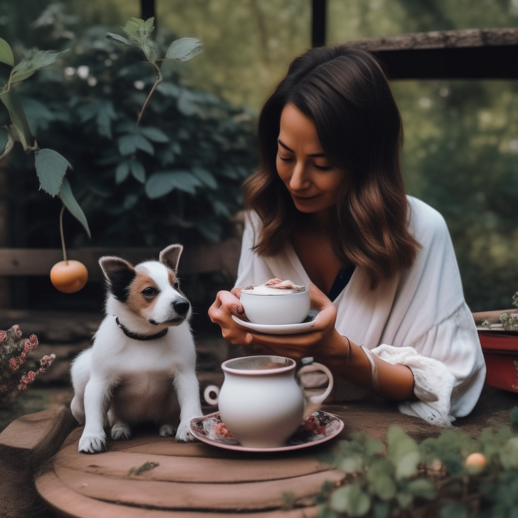 40 years women long hear model take berry tea in home garden with puppy 