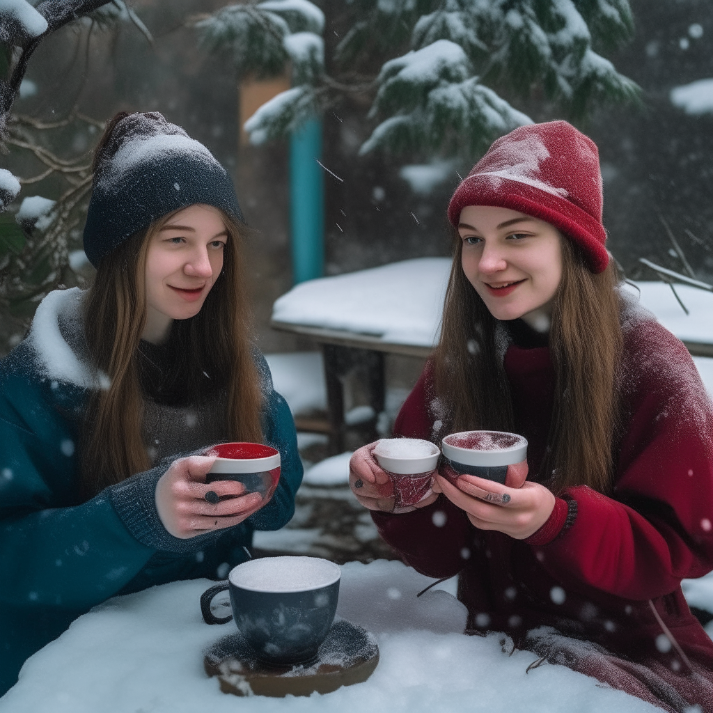 Two 25 years old girls share berry tea in our home garden with snowfall season