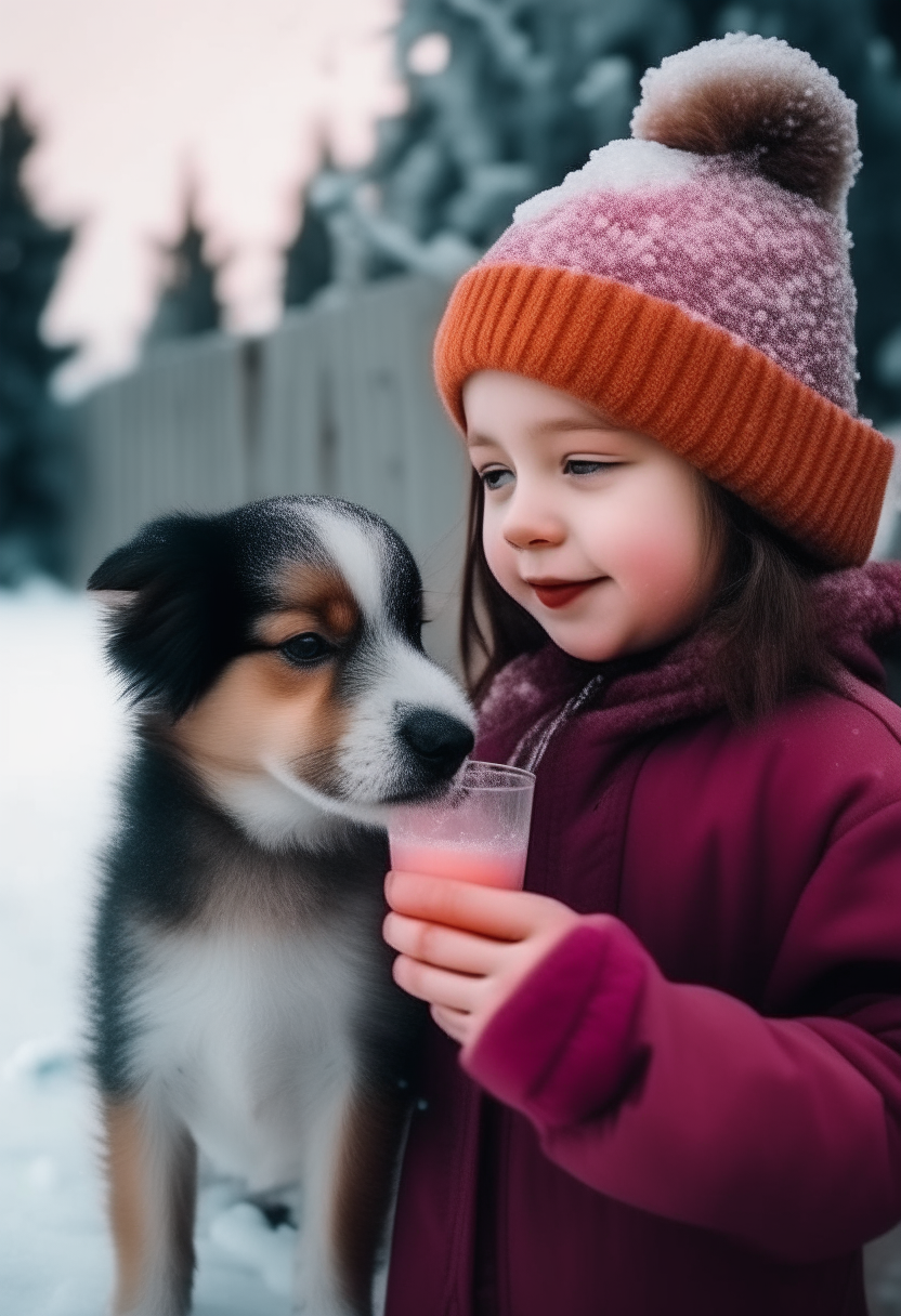 A girl take in hand a glass of berry juice  and keep walk with our little puppy in  snowfall season 