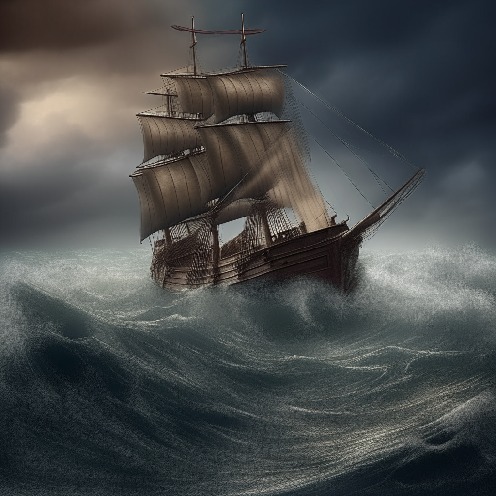 Create me a realistic image of a medieval sailing ship in the stormy sea with high waves