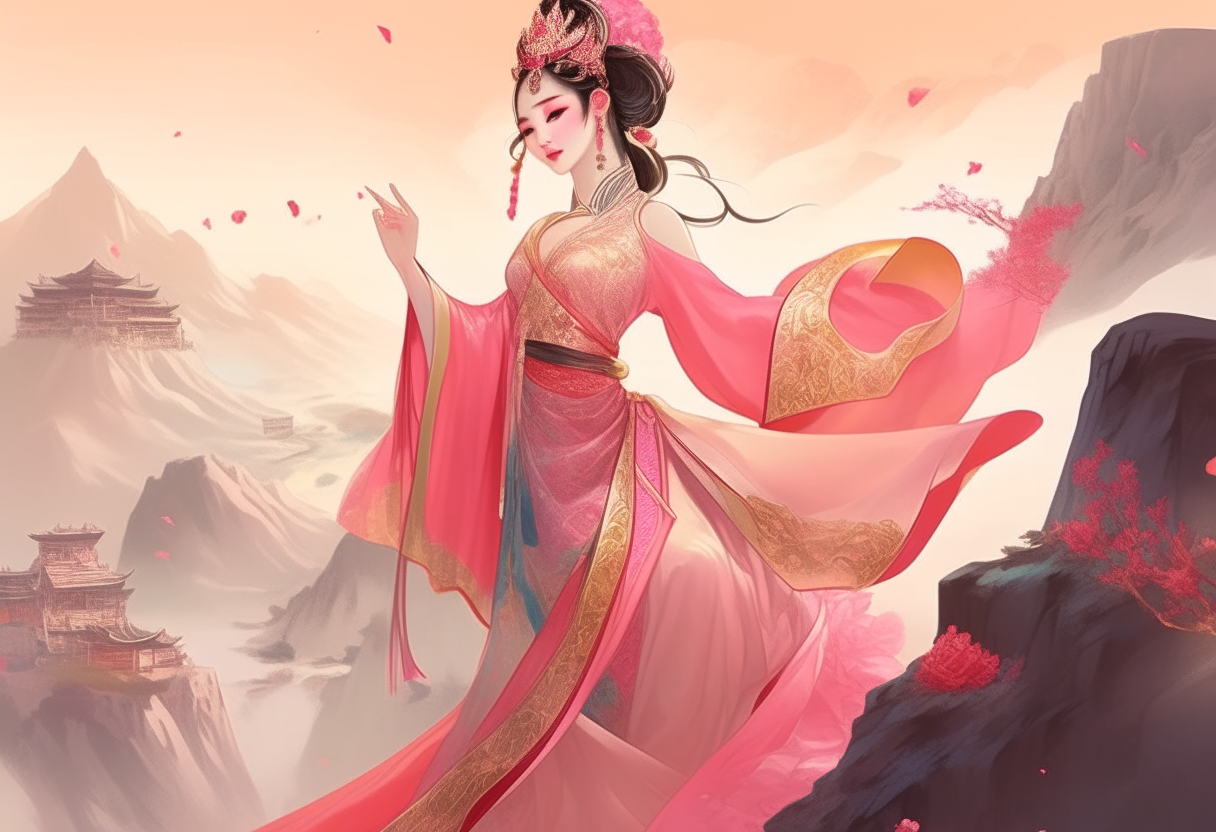 Please draw a beautiful woman in a Chinese Xiuxian novel, she is slim, luxurious, and has the temperament of a queen. Her ancient costume colors include gold and light red. She is climbing a pink crystal mountain（Comic style）