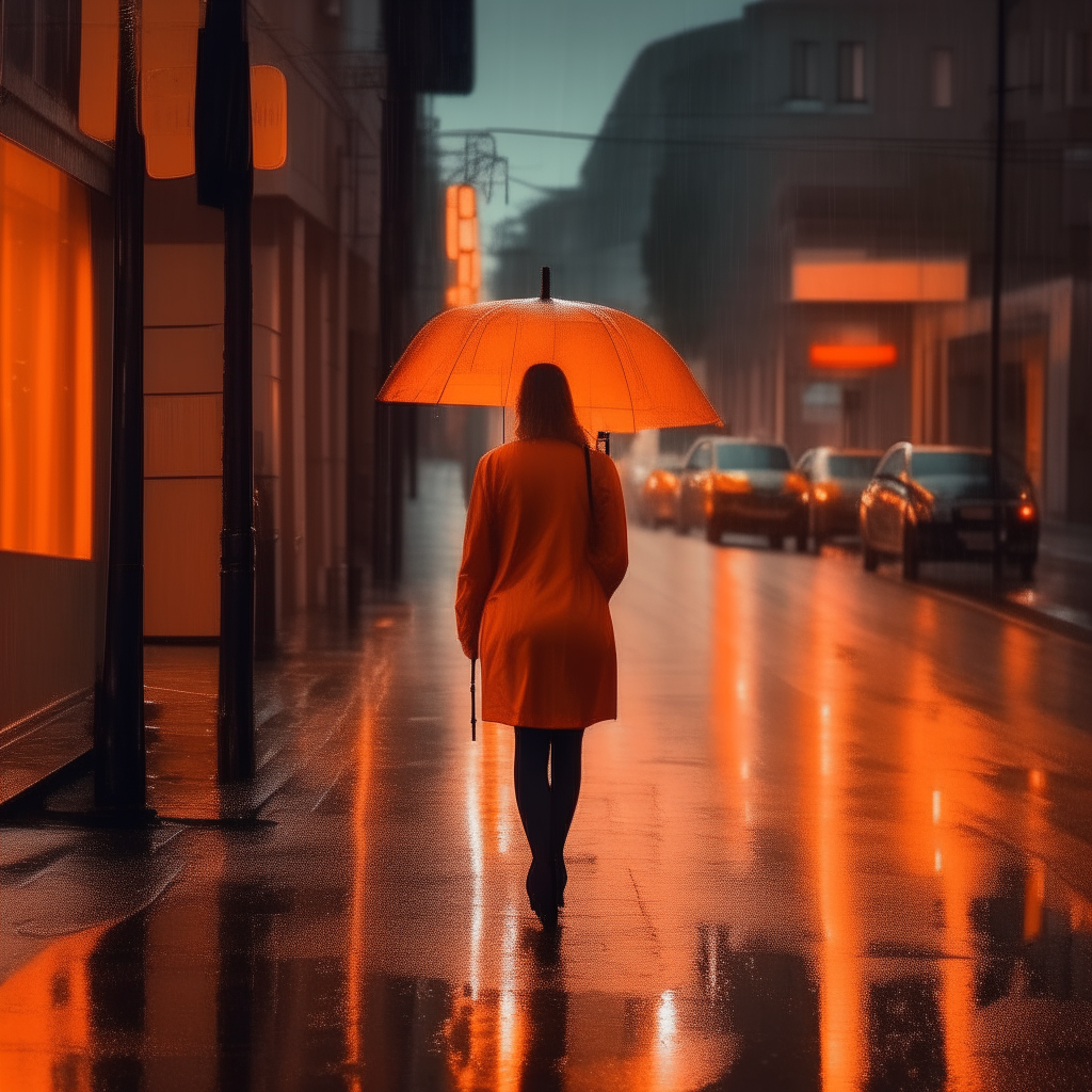 A woman walking under an orange street light in a rainy city street, reflecting the warm light on the wet road surface