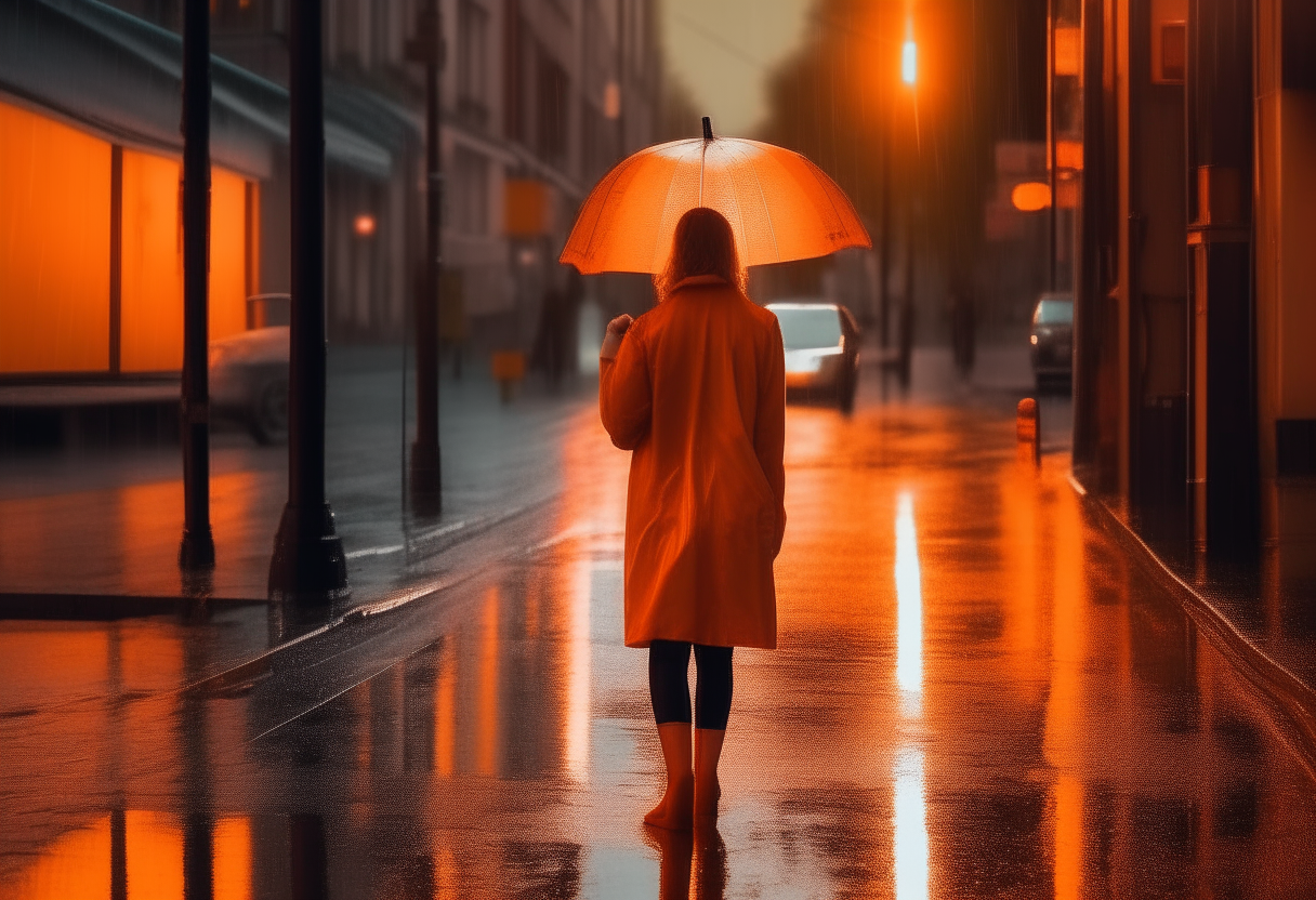 A woman walking under an orange street light in a rainy city street, reflecting the warm light on the wet road surface
