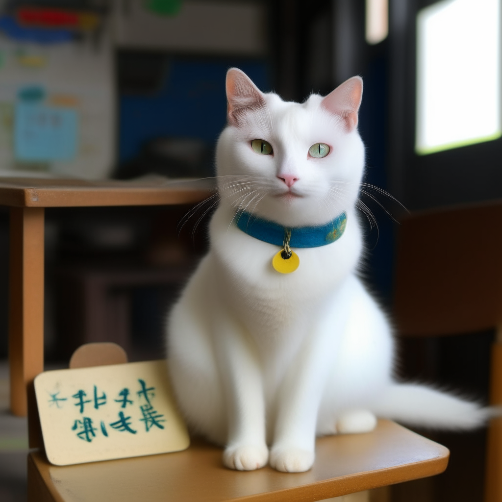A snow-white cat with blue eyes and yellow eyes, sitting calmly. On its back is a small blackboard that reads '干净绿发' in green chalk.