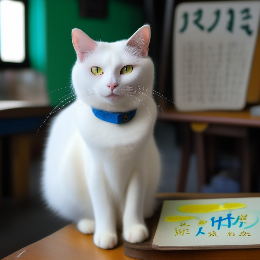 A snow-white cat with blue eyes and yellow eyes, sitting calmly. On its back is a small blackboard that reads '干净绿发' in green chalk.