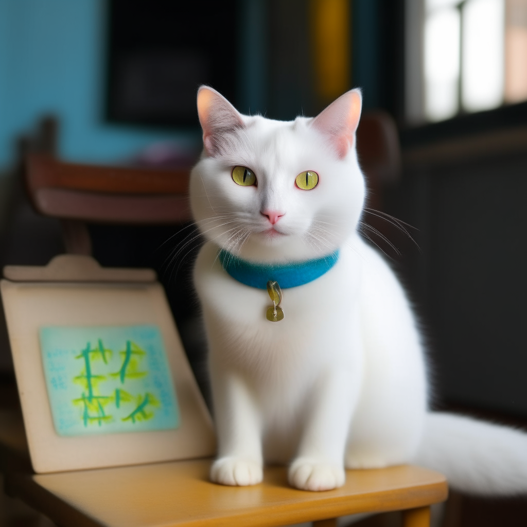 A snow-white cat with blue eyes and yellow eyes, sitting calmly. On its back is a small blackboard that reads '干净绿发' in green chalk.