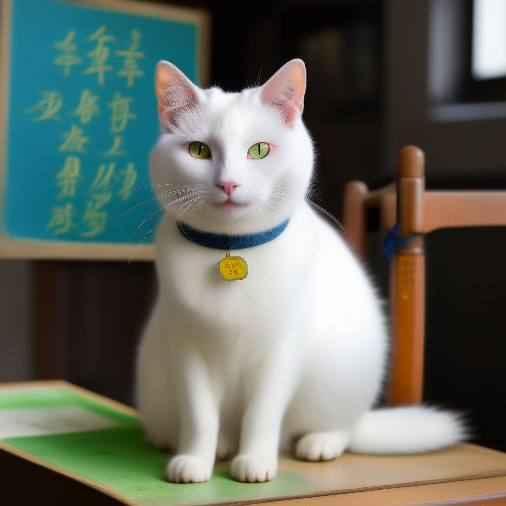 A snow-white cat with blue eyes and yellow eyes, sitting calmly. On its back is a small blackboard that reads '干净绿发' in green chalk.