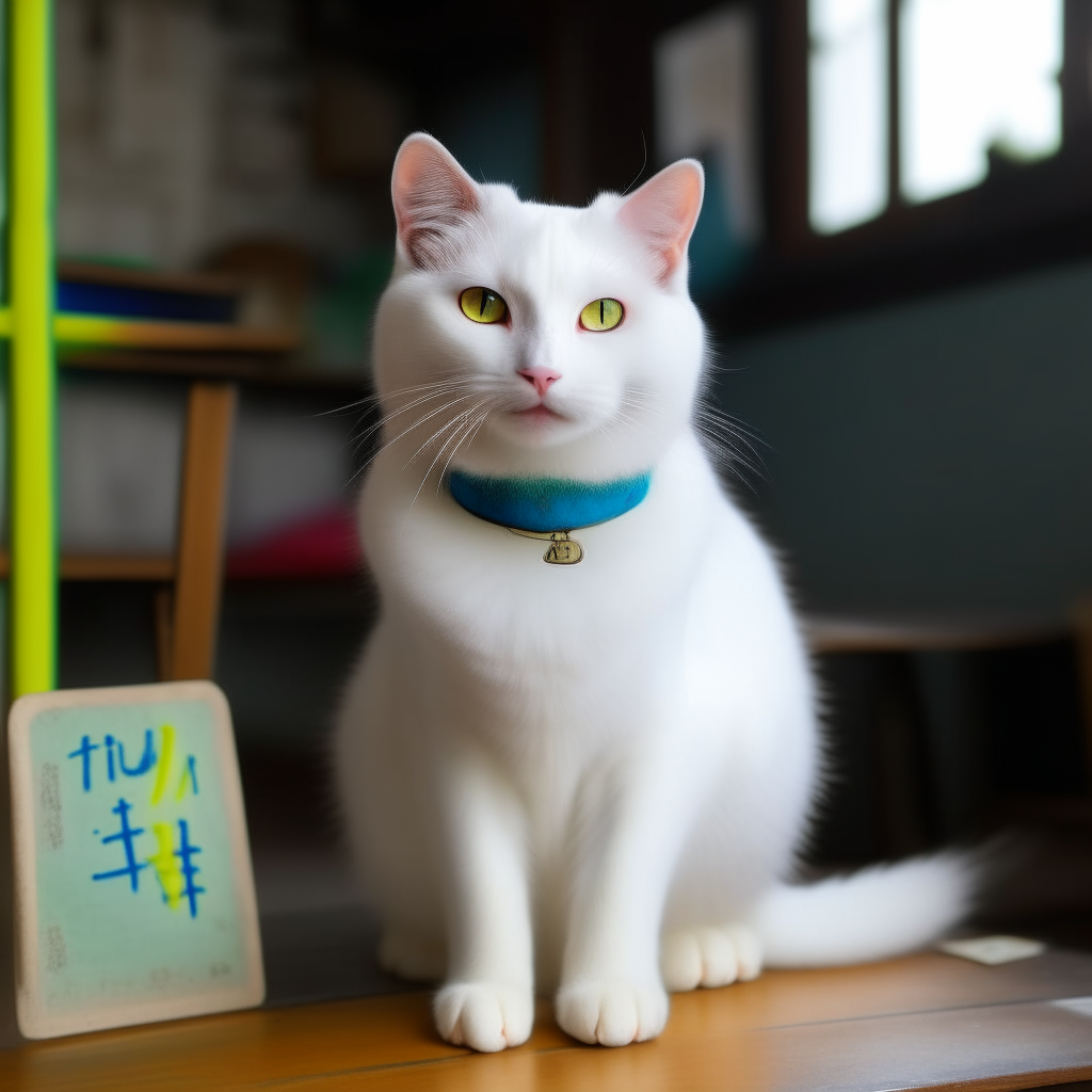 A snow-white cat with blue eyes and yellow eyes, sitting calmly. On its back is a small blackboard that reads '干净绿发' in green chalk.