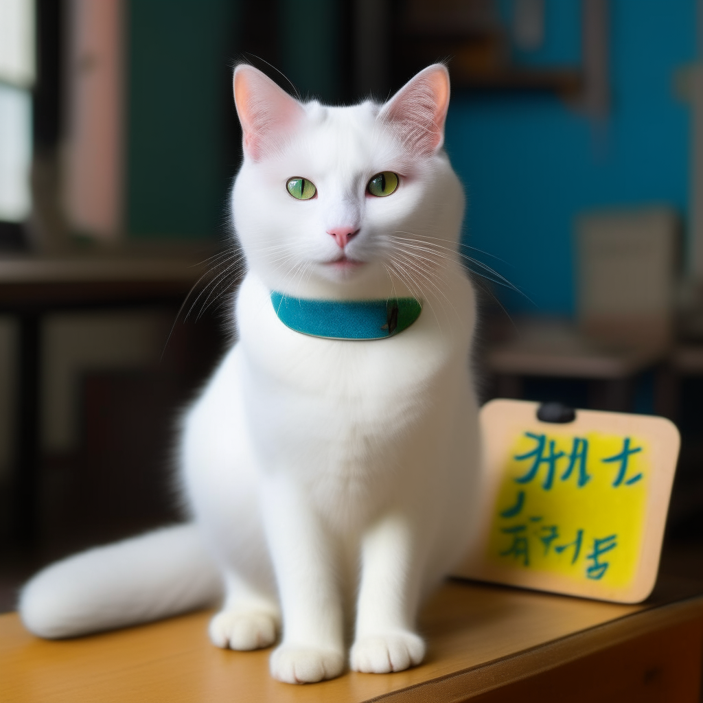 A snow-white cat with blue eyes and yellow eyes, sitting calmly. On its back is a small blackboard that reads '干净绿发' in green chalk.