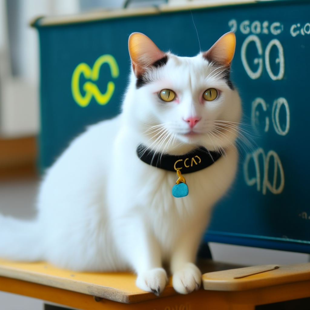 A snow-white cat with blue eyes and yellow eyes, and a blackboard on its back that reads "cgdg" in green chalk.