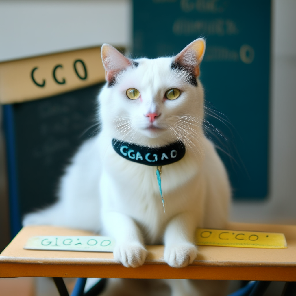 A snow-white cat with blue eyes and yellow eyes, and a blackboard on its back that reads "cgdg" in green chalk.