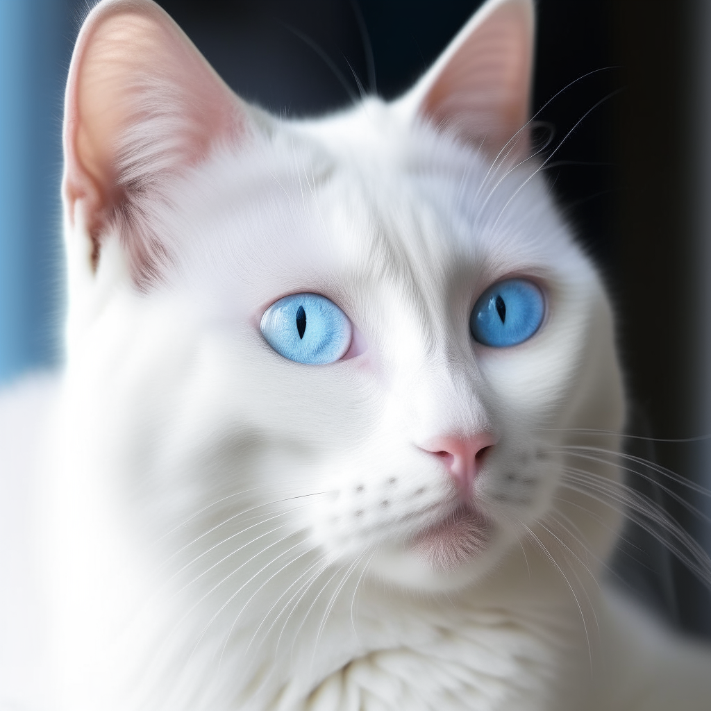 A snow-white cat with blue eyes