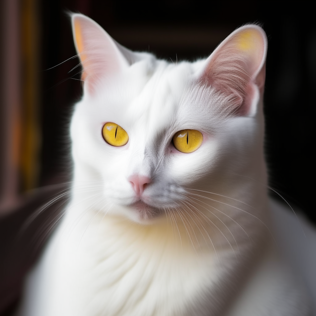 A snow-white cat with yellow eyes