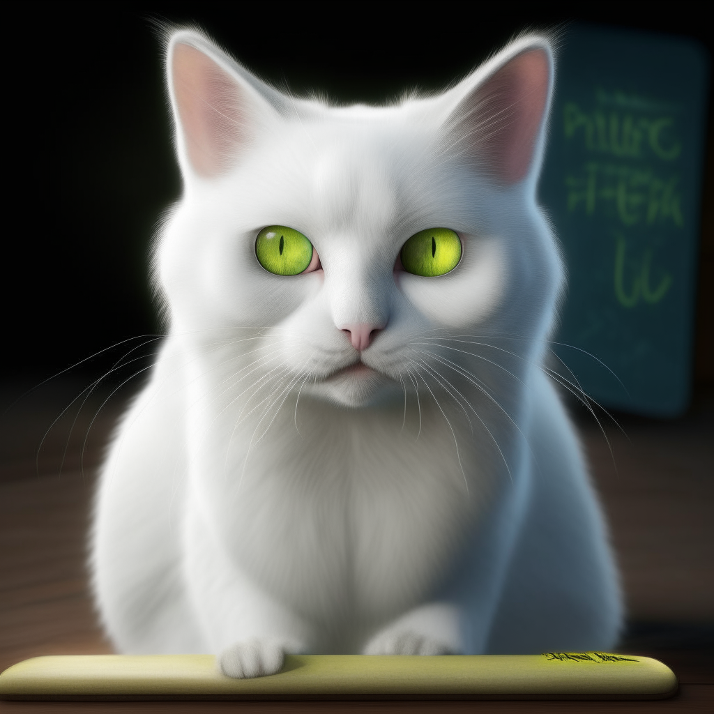 A snow-white cat with heterochromia, having one blue eye and one yellow eye. On its back is a small blackboard with the characters 干净绿发 written in green chalk. Photorealistic, high resolution.