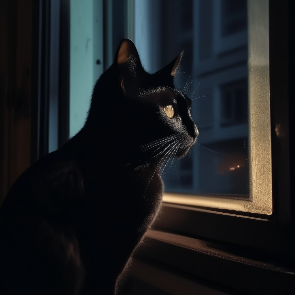 A black cat sitting and looking out a window at night