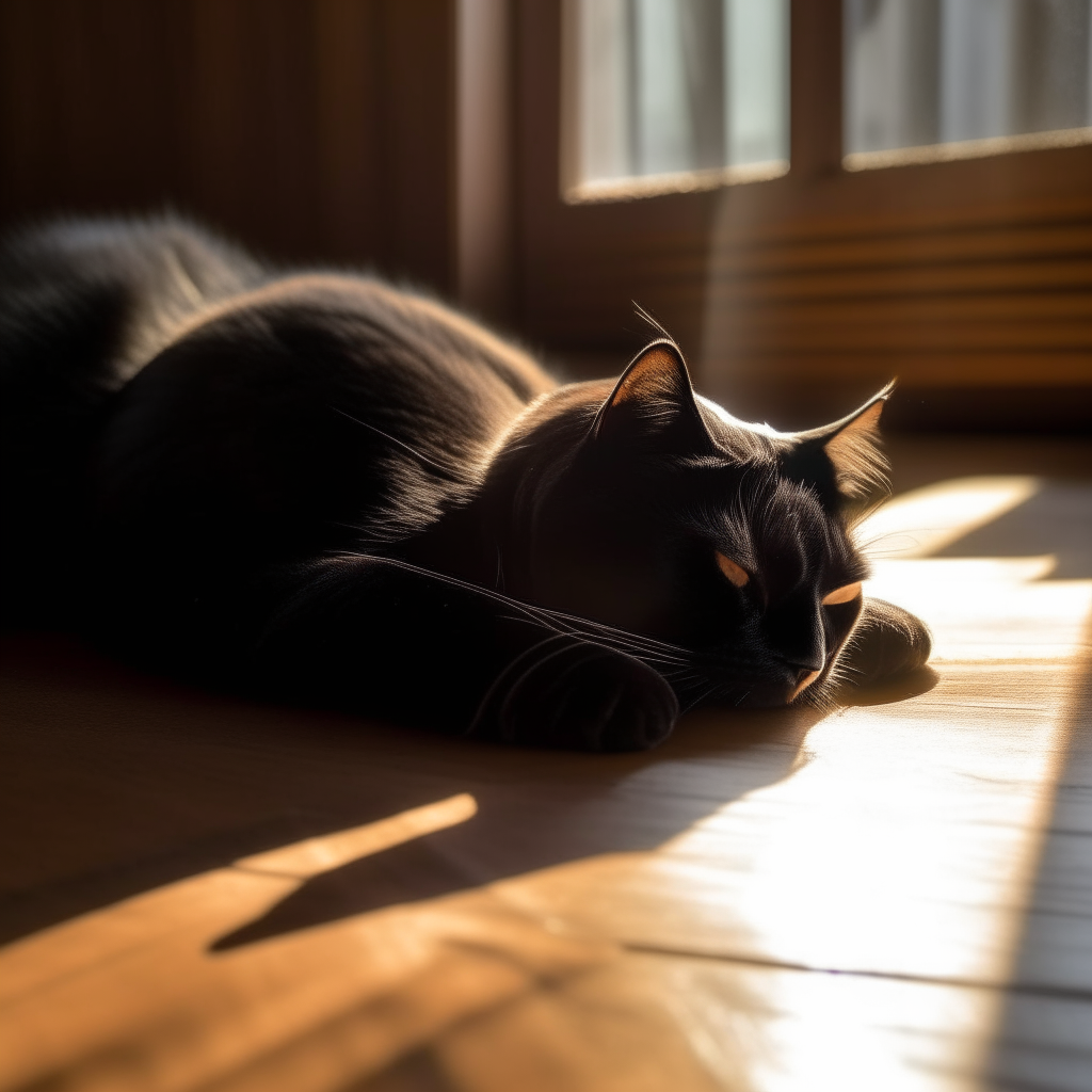 A black cat napping in a sunbeam on a wooden floor