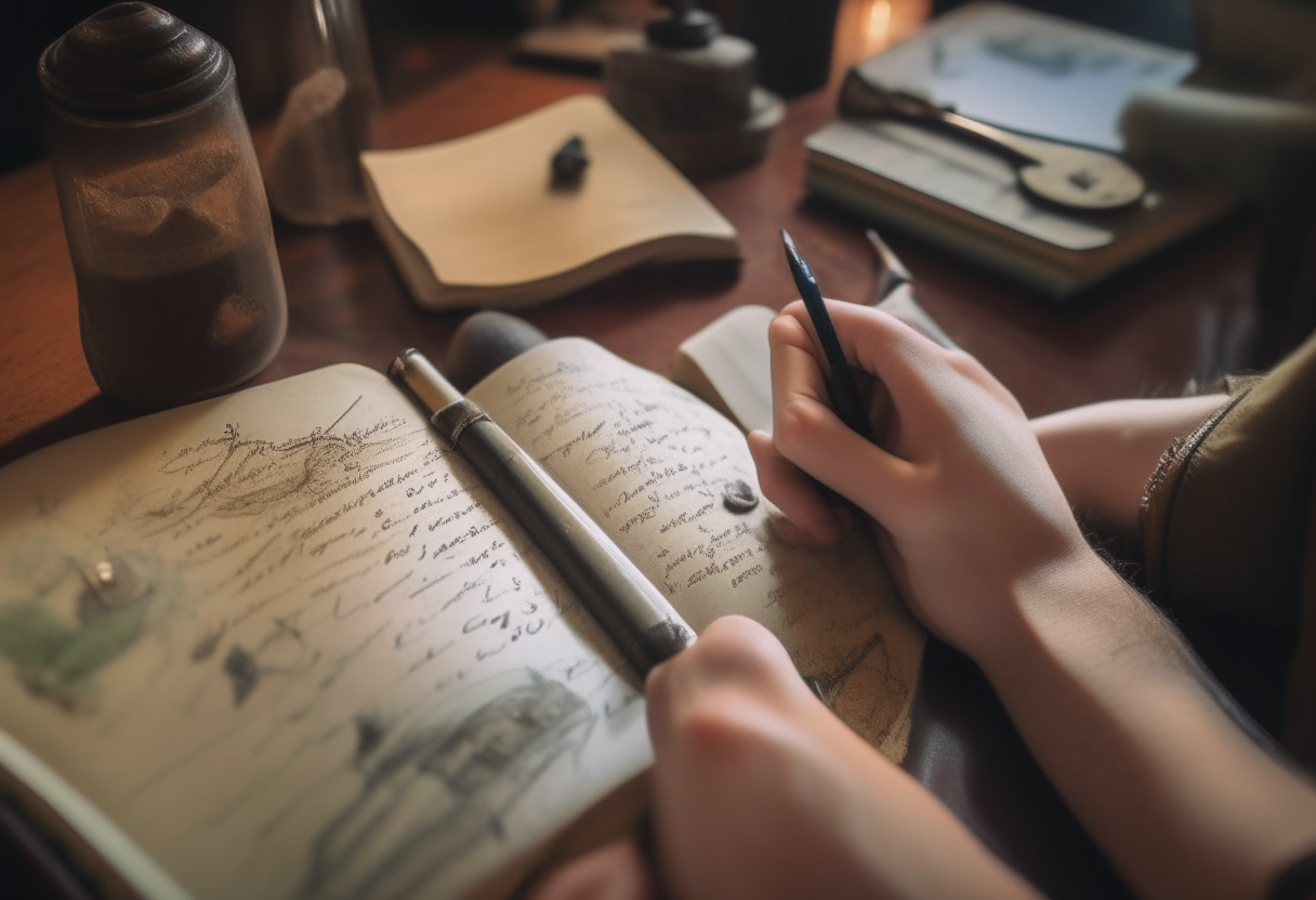 a hand holding a pen and writing in a worn notebook, with scenes from an author's journey and future goals in the background, including studying at Oxford and Cambridge, hosting a podcast and literary show, and exploring speculative fiction through writing