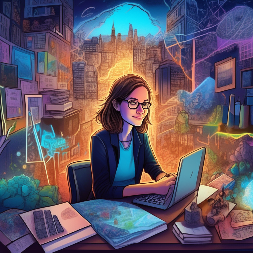 A portrait of Anna K. sitting at her desk, surrounded by floating words and scenes representing her journey from childhood to present day, including her education at Oxford and Cambridge, career highlights hosting podcasts and shows, and her current role as an author of speculative fiction novels. The background shows a neon-infused cityscape to represent her future goals.