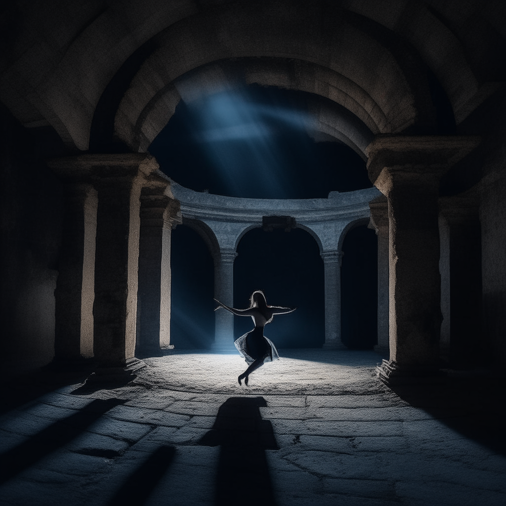 A woman dancing in a ruined Gothic amphitheater under the moonlight, with shadows of a man visible on the cracked stone walls. Dark, moody and mysterious.