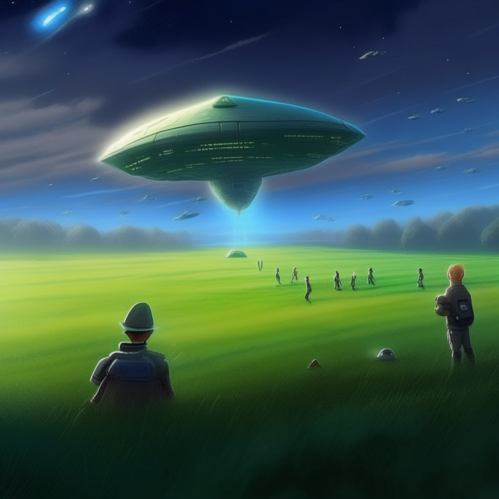 Draw me a field covered with green grass, there is a spaceship on the field on which boxes are loaded, the ship is going to go on a trip around the world in space, with a large number of crew. To explore the galaxy, visit new worlds, develop science, all for the benefit of earthlings