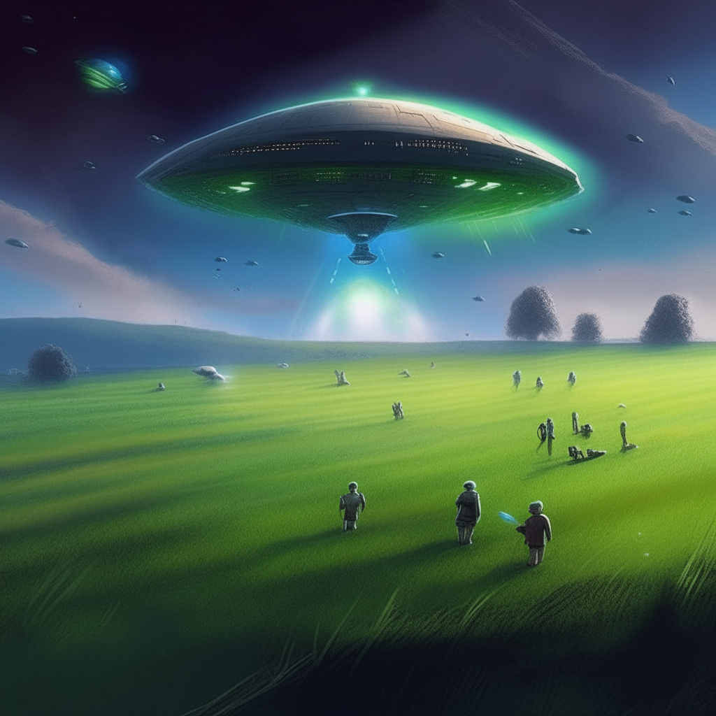 Draw me a field covered with green grass, there is a spaceship on the field on which boxes are loaded, the ship is going to go on a trip around the world in space, with a large number of crew. To explore the galaxy, visit new worlds, develop science, all for the benefit of earthlings