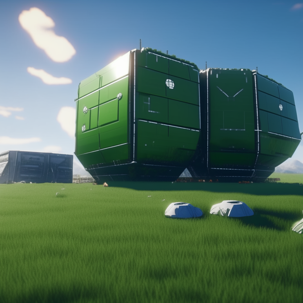 A field covered with green grass, with a large spaceship on the ground. Boxes are being loaded onto the ship, which is preparing to launch on a trip around the world in space with its crew to explore the galaxy, visit new planets, and advance science for the benefit of humanity.