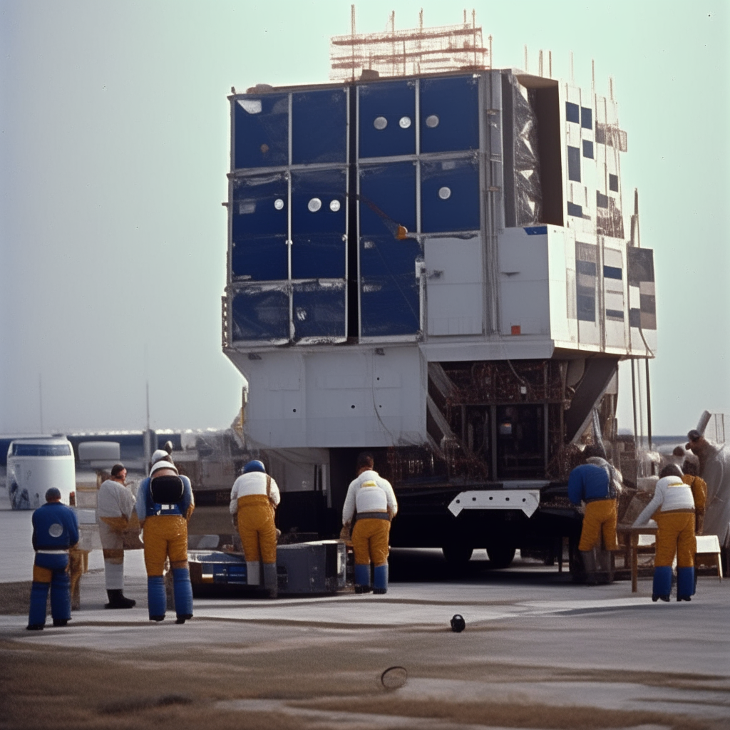 Another view of the same field, spaceship and crew preparing for launch. Boxes are piled near the ship as astronauts and ground crew work together to get everything ready for the historic mission.