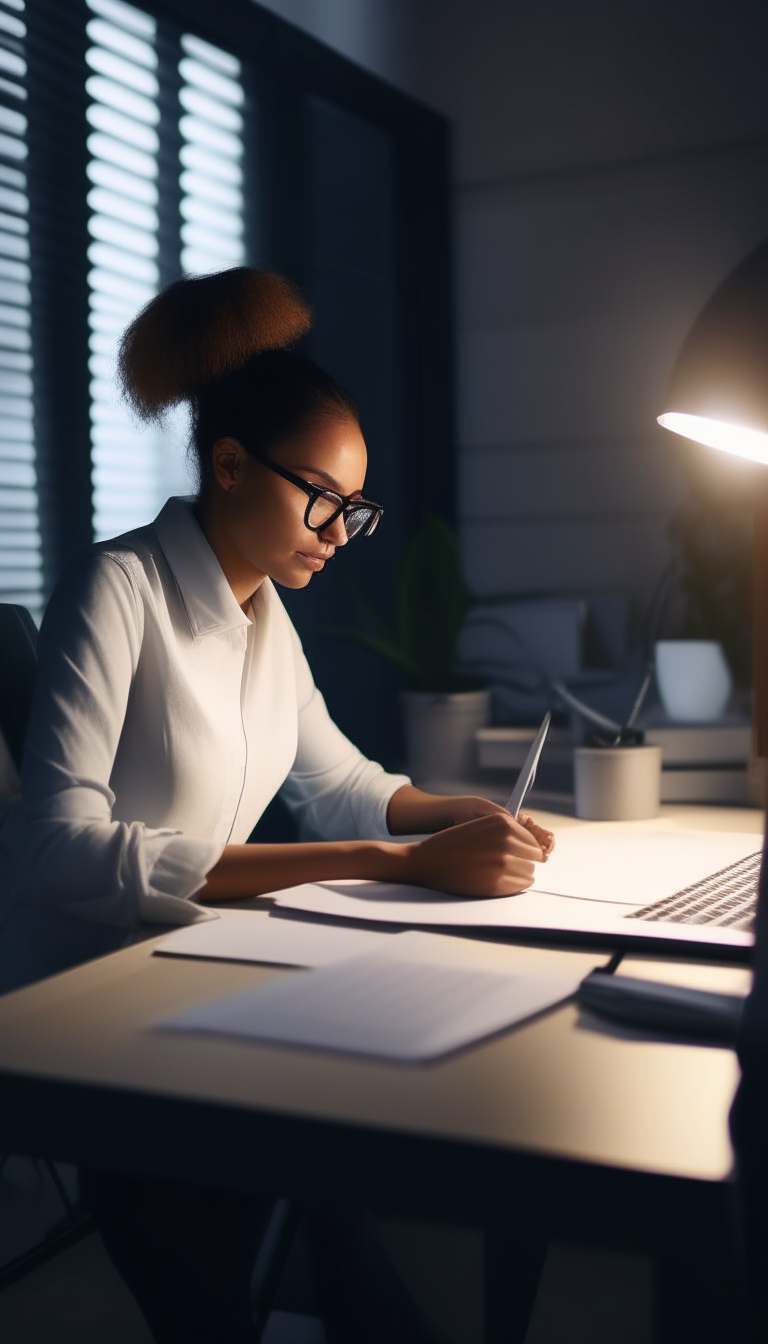 A person working productively at a desk, with a clear mind and positive energy.
