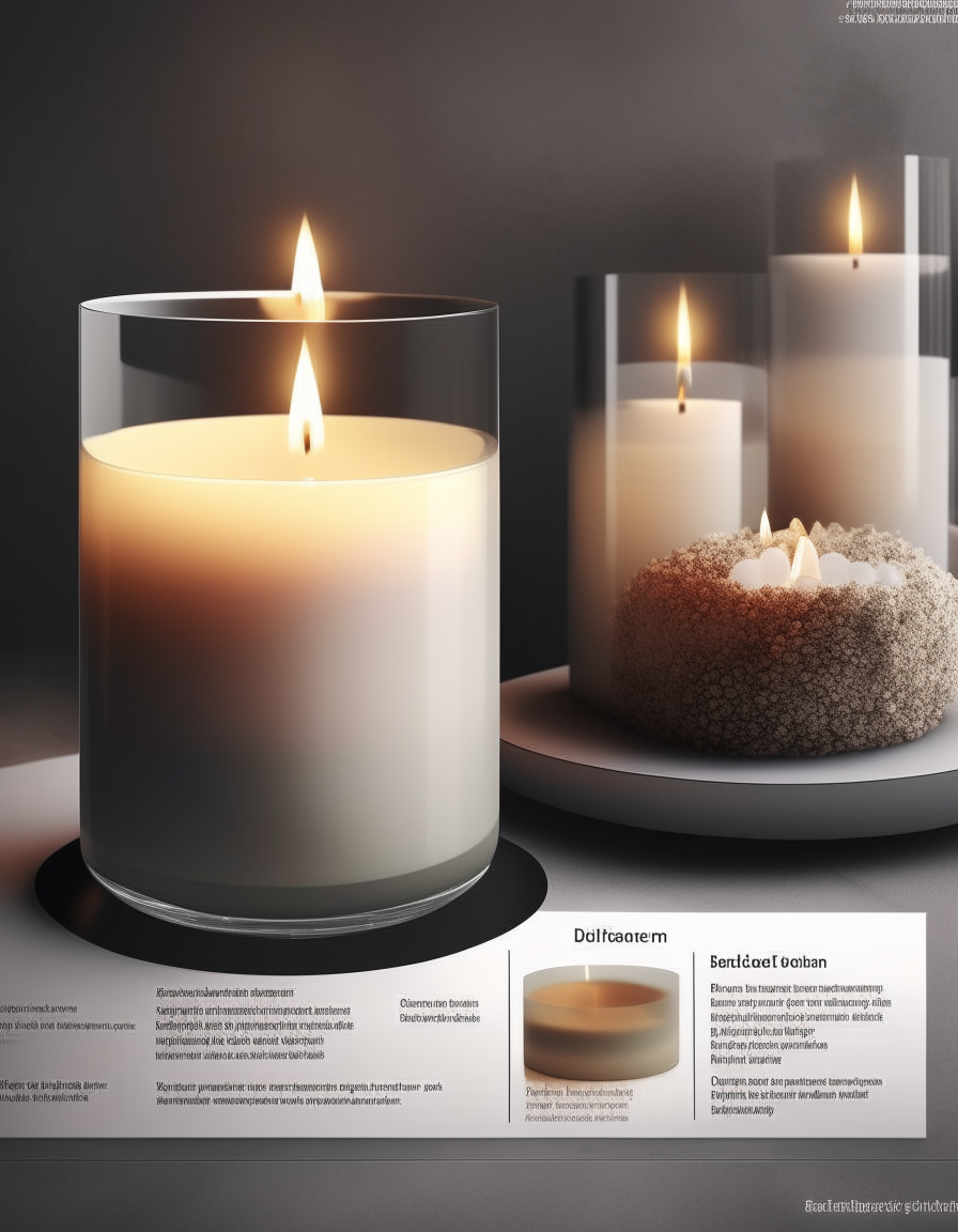 Create infographics for an aromatic candle in stylish modern interior, premium segment, infographics gives information about valuable features of the candle. Style: hyperrealism