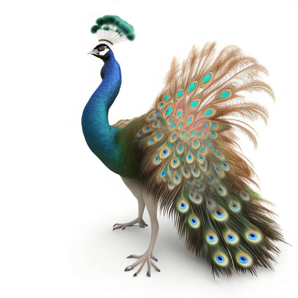 a peacock with a colorful tail fanned out, standing proudly with its head held high and curved neck against a white background, photorealistic, 4k