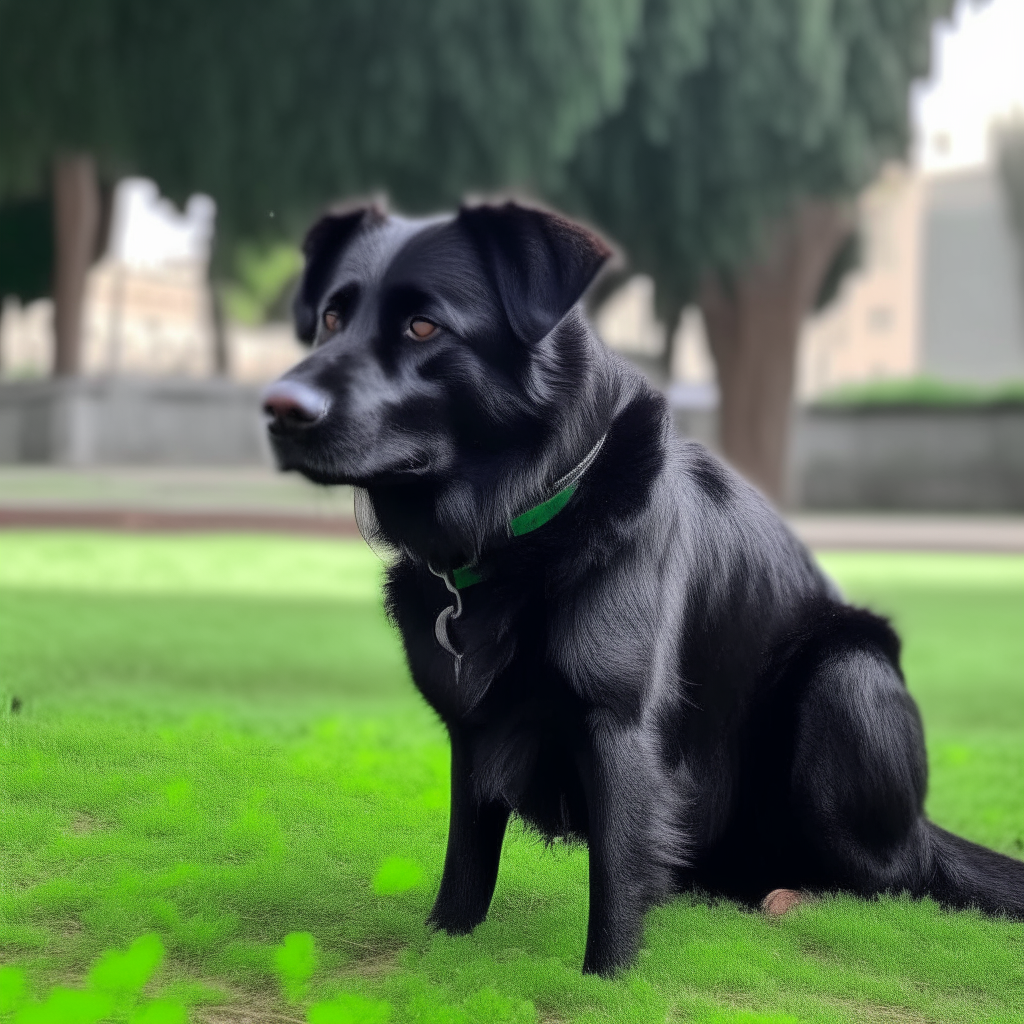 Un perro corzo negro de pie en un prado verde