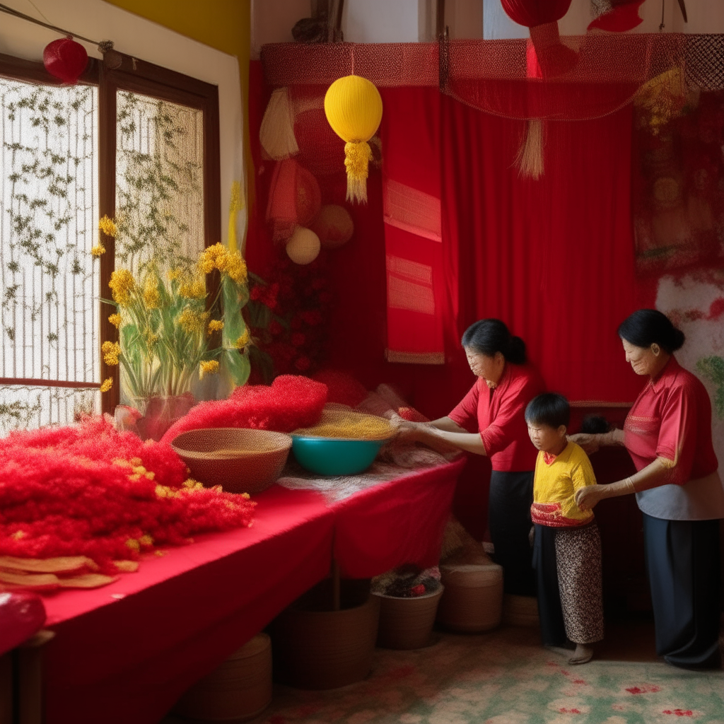 A Vietnamese family cleaning their home in preparation for Tet, with red banners and flowers decorating the walls and tables
