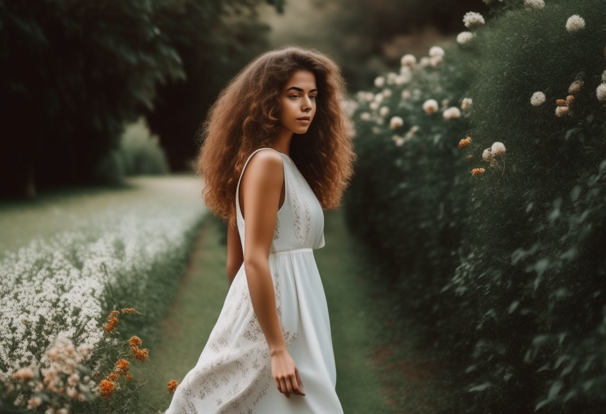 Una mujer joven y bonita con pelo largo castaño, vistiendo un vestido blanco, paseando por un prado verde con flores silvestres a su alrededor