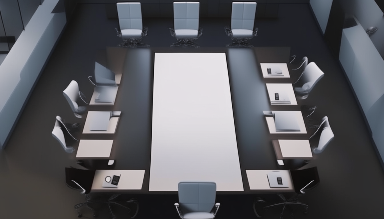 an overhead view of a modern conference room with chairs and a projector screen photorealistic 4k image