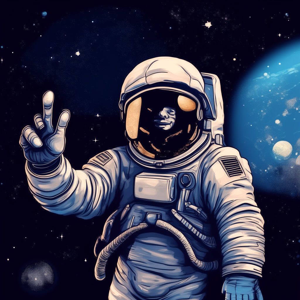 An astronaut giving a thumbs up in front of a starry night sky with visible planets