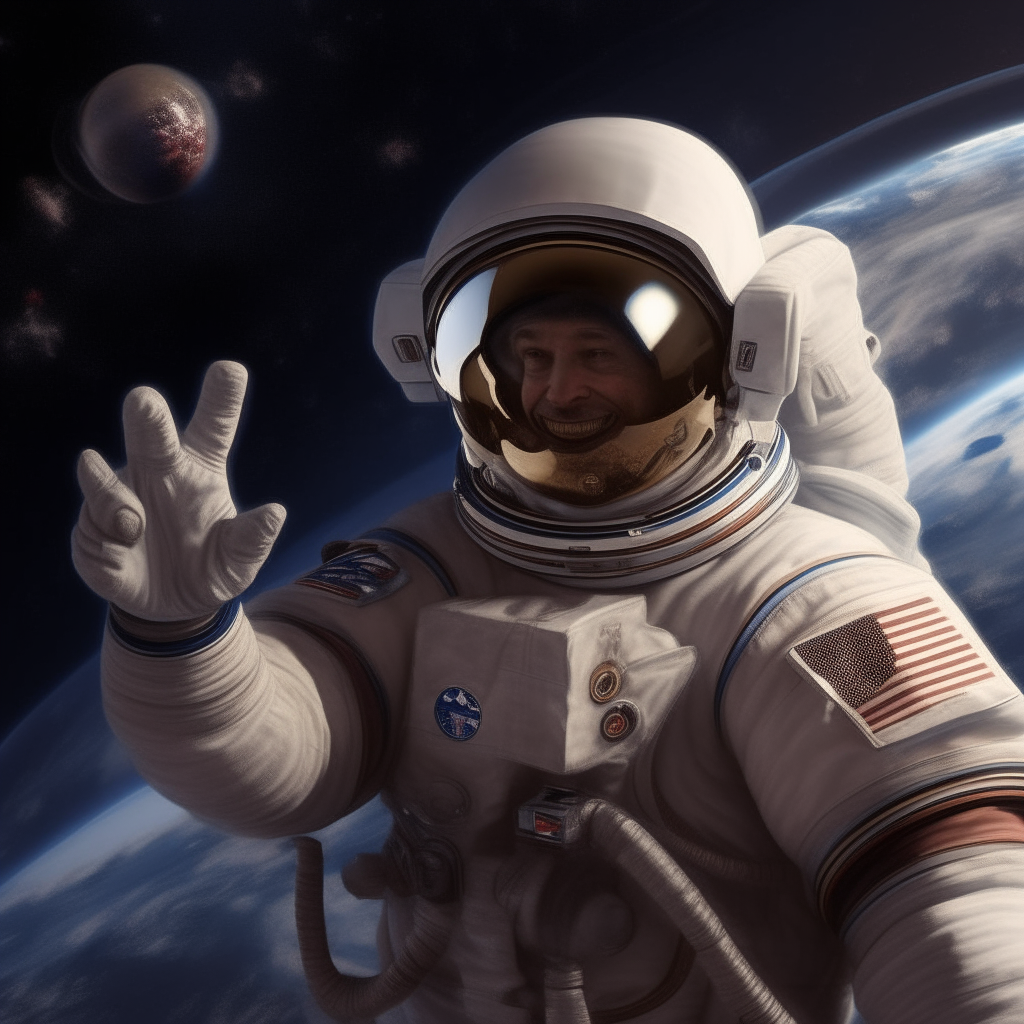 a photorealistic portrait of an astronaut in a spacesuit giving a thumbs up sign in front of planets Jupiter and Saturn