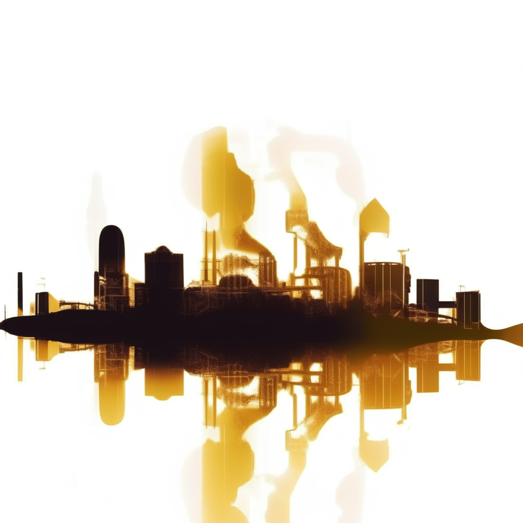 The word "paknam" in silhouette overlays the image of a glittering golden industrial city.  solid white background  Created using: Creative Multiple Exposure, Daylight Clarity, Silhouette Design, Color Tone, Digital Accuracy --v 6.0 --style raw