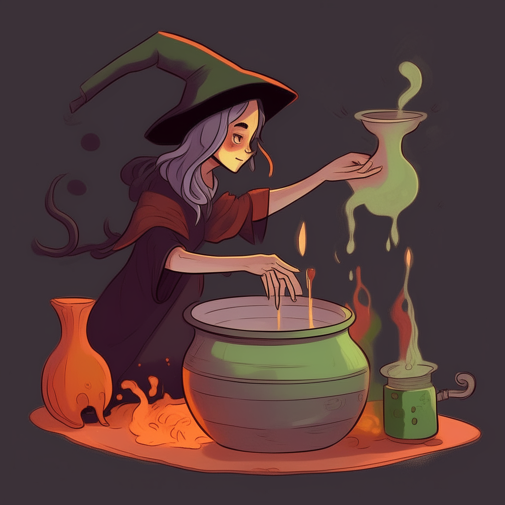 a good witch mixing potions in a cauldron