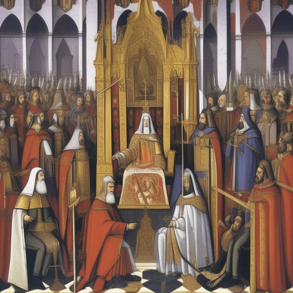 A vivid depiction of the 'Slap of Anagni' event, with three figures on the left transformed into medieval bishops including Pope Boniface VIII seated in the center, and characters on the right transformed into medieval warriors.