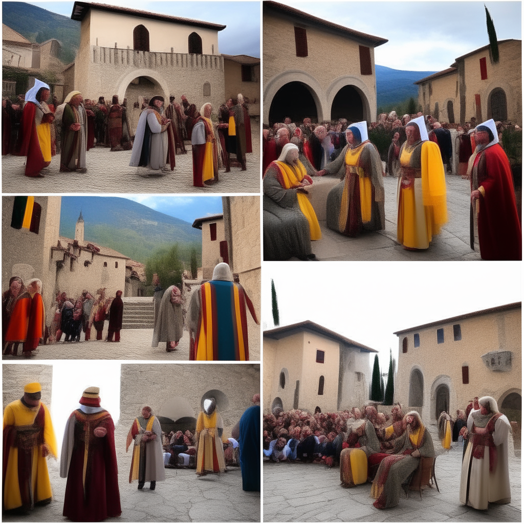 A second vivid depiction of the 'Slap of Anagni' event, with variations in costumes, poses and backgrounds from the first image.