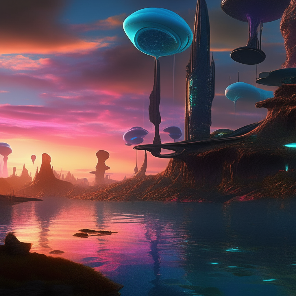 A breathtaking, photorealistic scene of a futuristic alien world, where a wild ocean is filled with vibrant, colorful waves. In the distance, biomechanical living crystal cities rise majestically towards a dramatic, sunsetting sky, merging with the alien cosmos. The cities are adorned with intricate details and pulsating lights, reflecting the dark sci-fi fantasy atmosphere. The water below glistens with otherworldly reflections, and mysterious bioluminescent creatures can be seen swimming beneath the surface., cinematic, photorealistic, dark sci-fi fantasy style